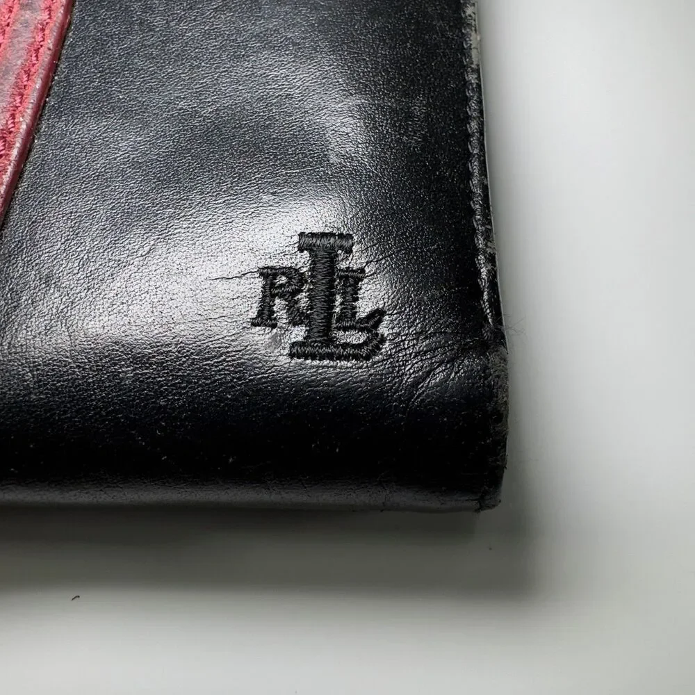 Lauren Ralph Lauren Wallet Black Leather LRL Clutch Compact Card Holder Red VTG